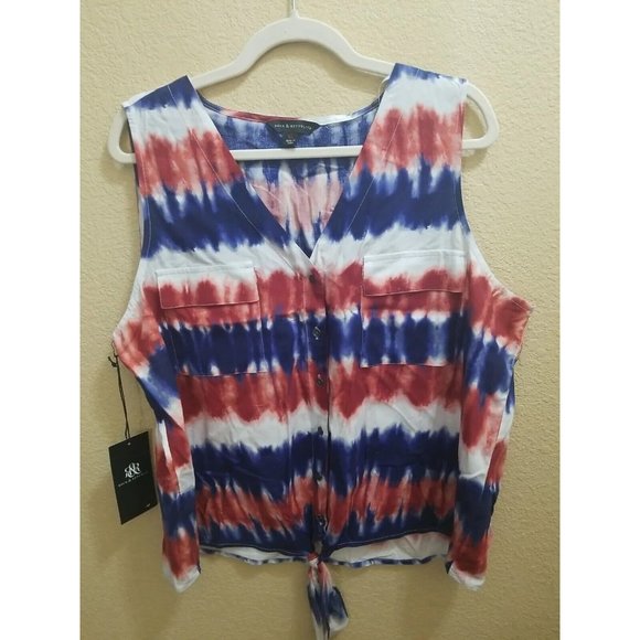 Rock & Republic Top Womens Large Red White Blue Boho Tie Dye Blouse XL NWT - Picture 1 of 6